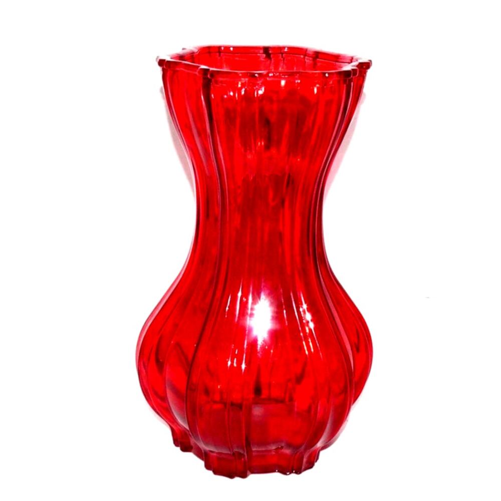 Vintage L E Smith Ruby Red Glass Vase Ribbed Design Flared Scallop Top Hefty MCM